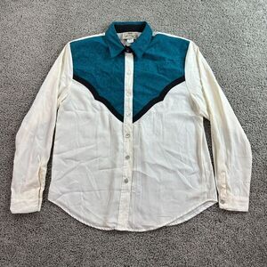 VINTAGE 1849 Ranchwear Shirt Womens M White Blue Jacquard Shoulder Pads *